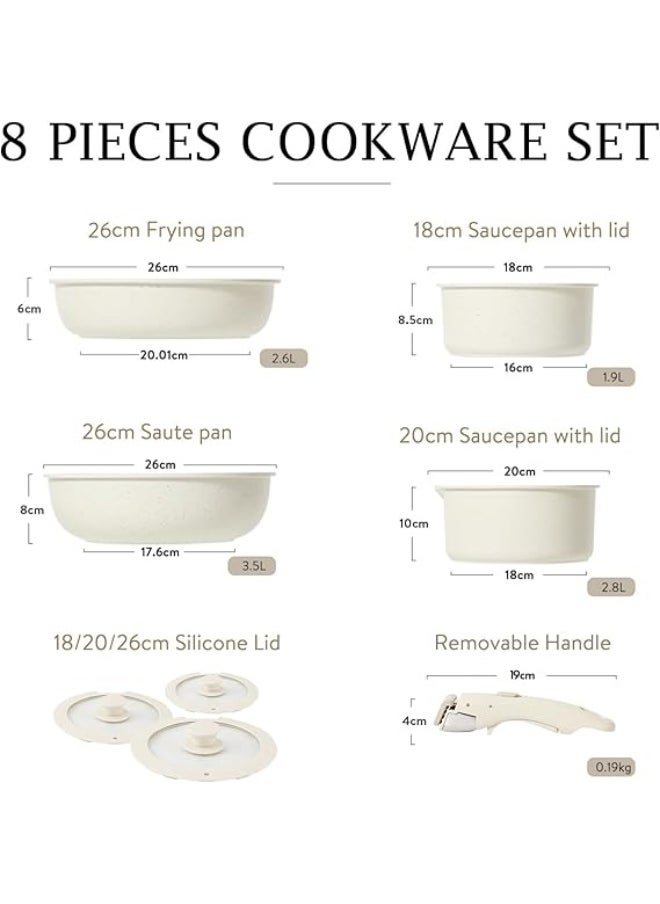 8 Pieces Pots and Pans Set, Nonstick Cookware Set Detachable Handle, Induction Kitchen Cookware Sets Non Stick with Removable Handle