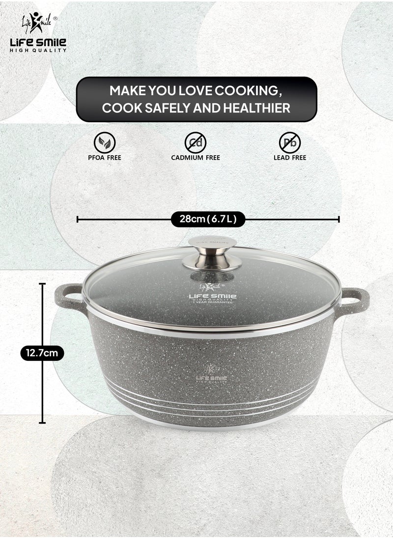 28cm (6.7 Liter) LIFE SMILE Cooking Pot | aluminum Soup Pot With Glass Lid | 100% PFOA Free, Fixed Handle | Multi Layer Non-Stick Granite Coating | oven safe