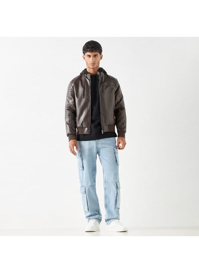 Lee Cooper Solid Zip Through Biker Jacket with Hood and Pockets