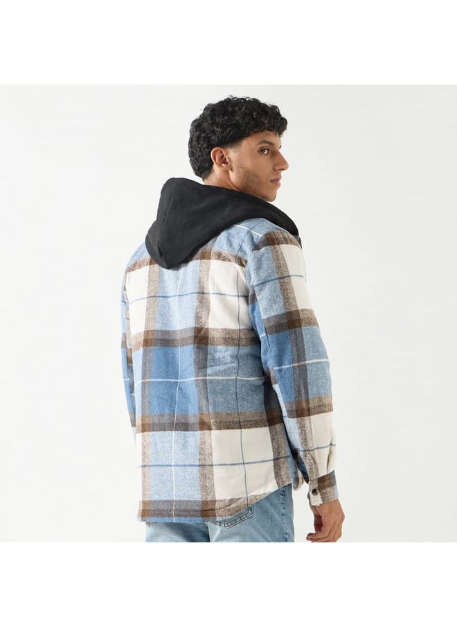 Lee Cooper Checked Oversized Hooded Jacket with Button Closure