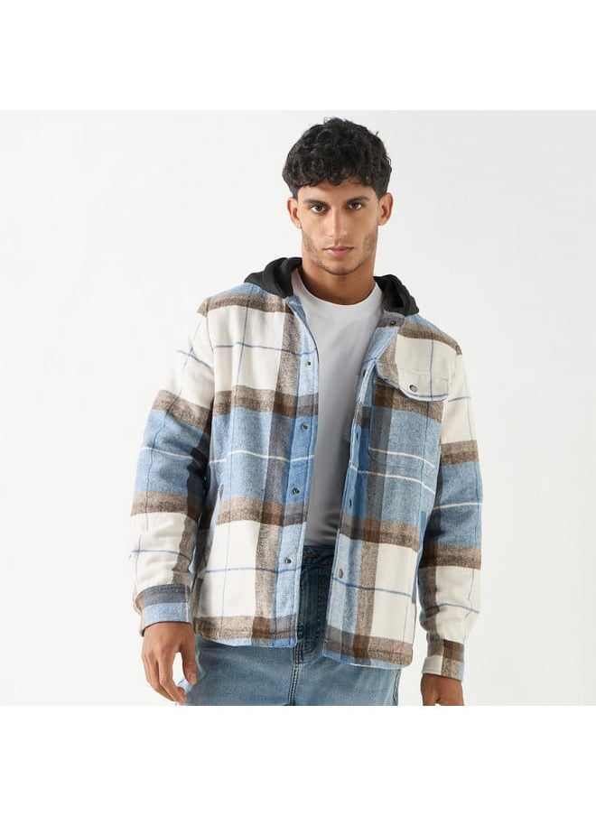 Lee Cooper Checked Oversized Hooded Jacket with Button Closure