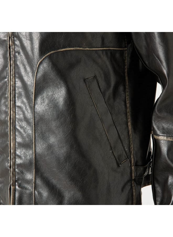 Lee Cooper Solid Zip Through Biker Jacket with Pockets