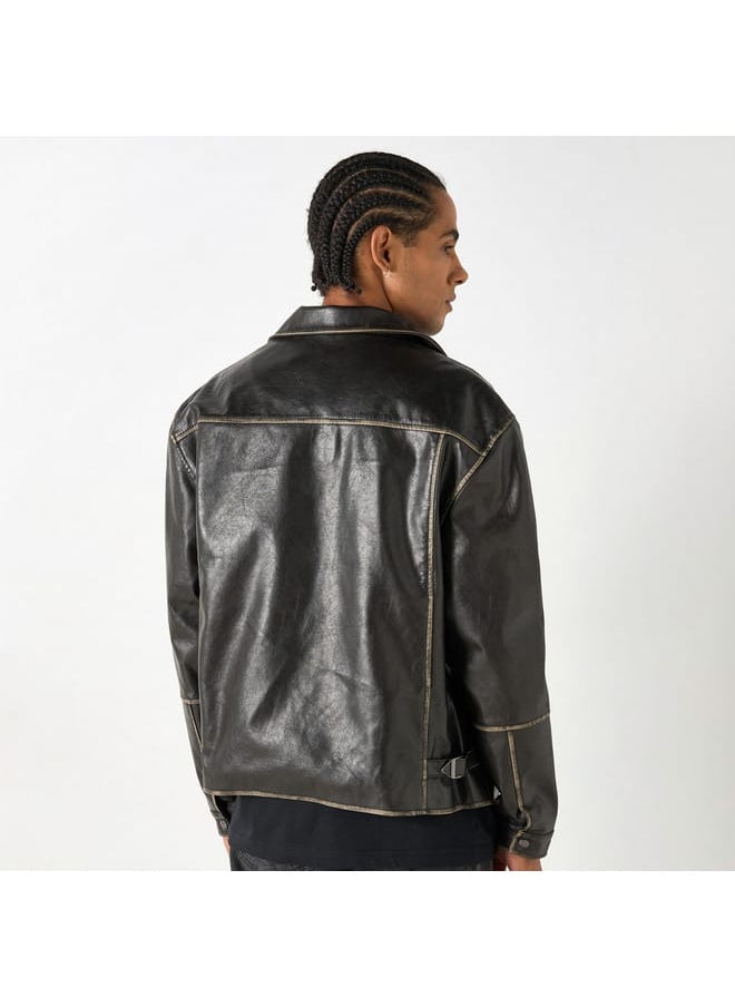 Lee Cooper Solid Zip Through Biker Jacket with Pockets