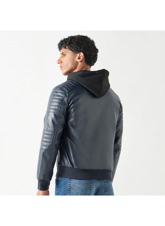 Lee Cooper Solid Zip Through Biker Jacket with Hood and Pockets