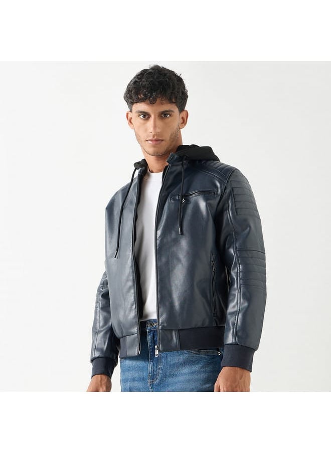 Lee Cooper Solid Zip Through Biker Jacket with Hood and Pockets