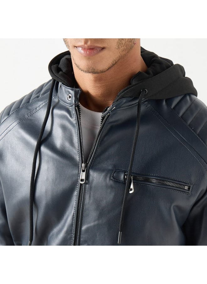 Lee Cooper Solid Zip Through Biker Jacket with Hood and Pockets
