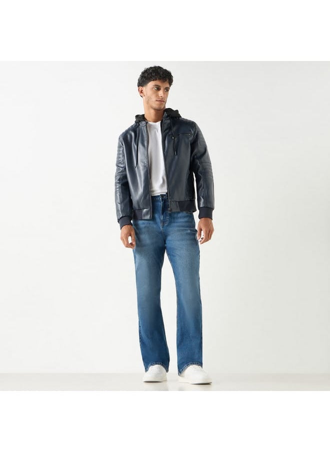 Lee Cooper Solid Zip Through Biker Jacket with Hood and Pockets