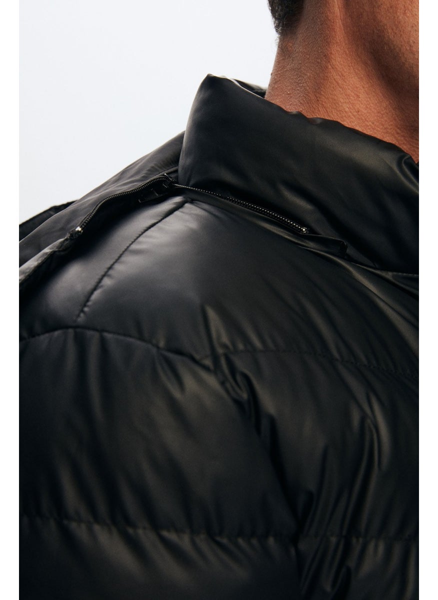 Slim Fit Black Water Repellent Windproof Fiber Filled Leather Look Removable Hooded Coat 1HF07ORT01910