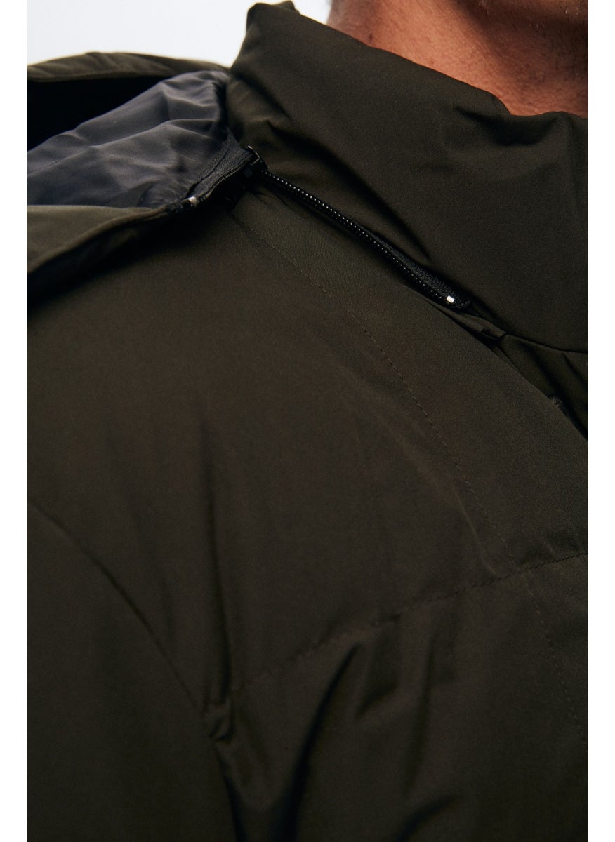 Regular Fit Khaki Windproof Water Repellent Fiber Filled Removable Hooded Winter Coat 1HF07ORT92475