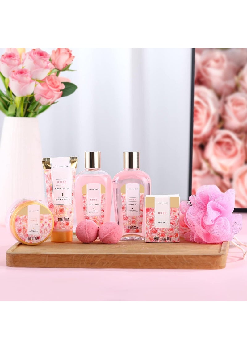 Rose Spa Gift Set for Women, 8-Piece Bath Set with Lotion, Butter & Bath Bombs