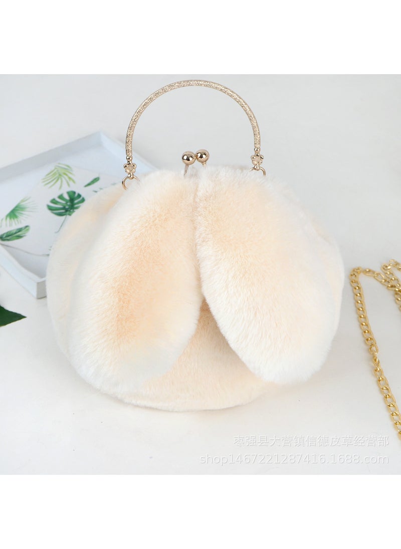 2020 Faux Fur Bunny Ear Round HandbagBeige White Beige White