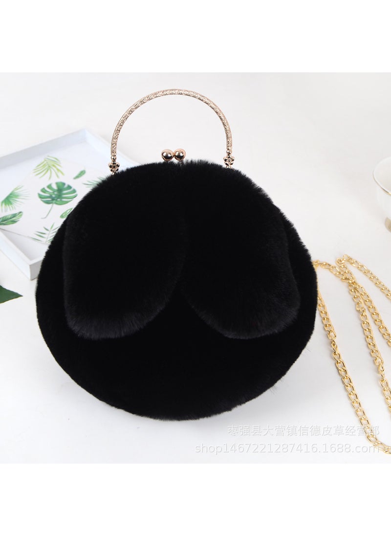 2020 Faux Fur Bunny Ear Round HandbagBlack Black