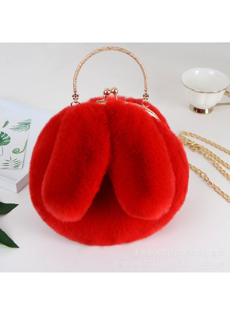 2020 Faux Fur Bunny Ear Round HandbagRed Red