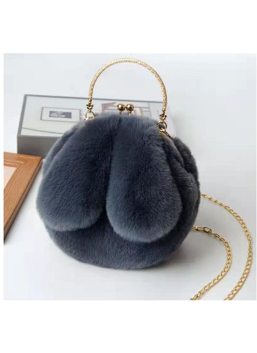 2020 Faux Fur Bunny Ear Round HandbagDark gray Dark gray