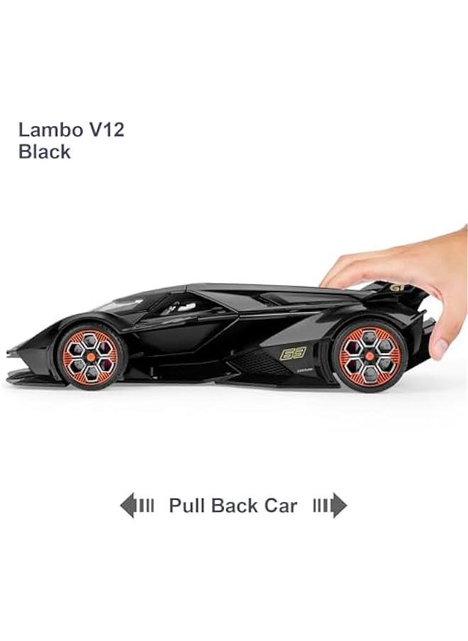 Toy Cars for Boys Age 4-7 8-12 Lambo V12 Race Car Toy with Light and Sound 1:22 Diecast Metal Model Cars for Kids Pull Back Sport Car Gift Toys for 3+ Year Old Boys (Black)