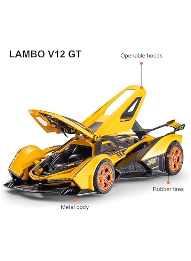 Toy Cars for 3+ Year Old Boys Lambo V12 Race Car Toy with Light and Sound Diecast Metal Model Cars for Kids Ages 3-8 Pull Back Car Gift Toys for Birthday  (Yellow)