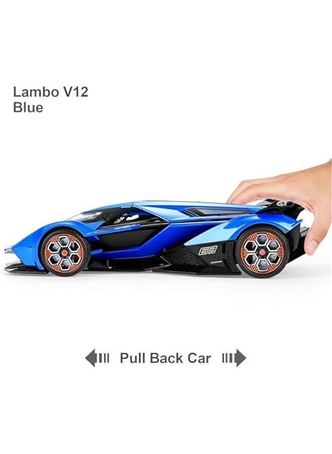 Toy Cars for Boys Age 4-7 8-12 Lambo V12 Race Car Toy with Light and Sound 1:22 Diecast Metal Model Cars for Kids Pull Back Sport Car Gift Toys for 3+ Year Old Boys (Navy Blue)