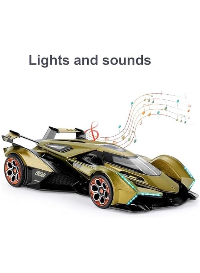 Toy Cars for Boys Age 4-7 8-12 Lambo V12 Race Car Toy with Light and Sound 1:22 Diecast Metal Model Cars for Kids Pull Back Sport Car Gift Toys for 3+ Year Old Boys (Army Green)