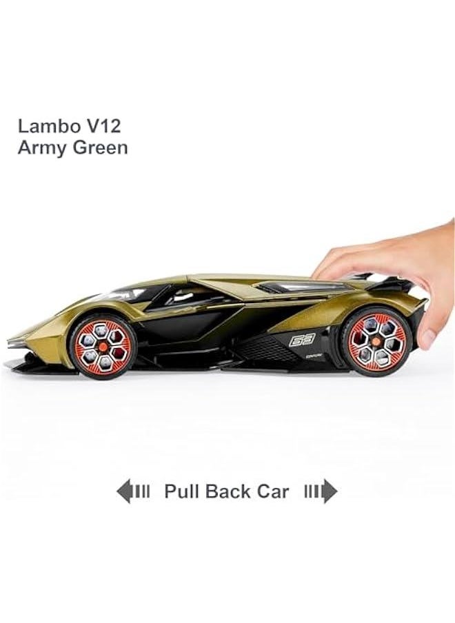 Toy Cars for Boys Age 4-7 8-12 Lambo V12 Race Car Toy with Light and Sound 1:22 Diecast Metal Model Cars for Kids Pull Back Sport Car Gift Toys for 3+ Year Old Boys (Army Green)