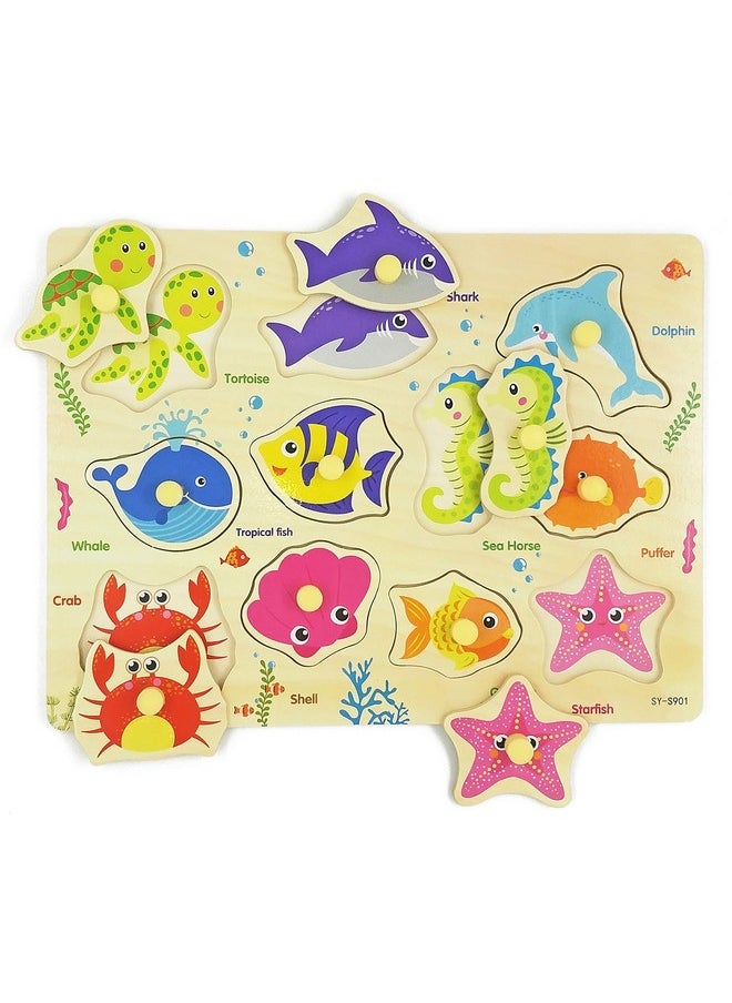 Wooden Peg Puzzle Sea Creature Chunky Baby Puzzles Colorful Wood Shape Puzzle Peg Board Animal Knob Puzzle For Educational Toddlers 18 Months And Up 11 Pieces