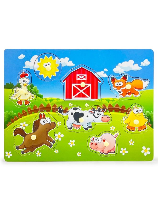 Wooden Peg Puzzle Farm Chunky Baby Puzzles Full Color Pictures Wood Shape Puzzle Peg Board Animal Knob Puzzle For Educational Toddlers 18Months And Up 8 Pieces