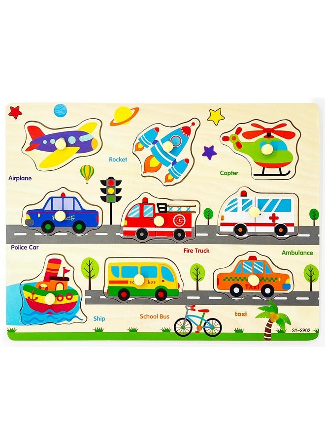 Wooden Puzzles Vehicles & Traffic Tools Chunky Baby Puzzles Peg Board For Preschool Educational Jigsaw Puzzles, 9 Pieces