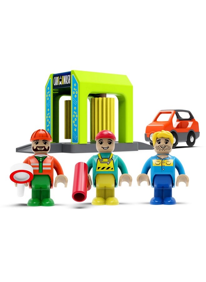 Wooden Train Accessories Car Washer For Railroad Train Track, Train Toys Accessory Compatible With All Major Brands Of Train Set System, Railway Tracks Station For Kids Ages 3 And Up.