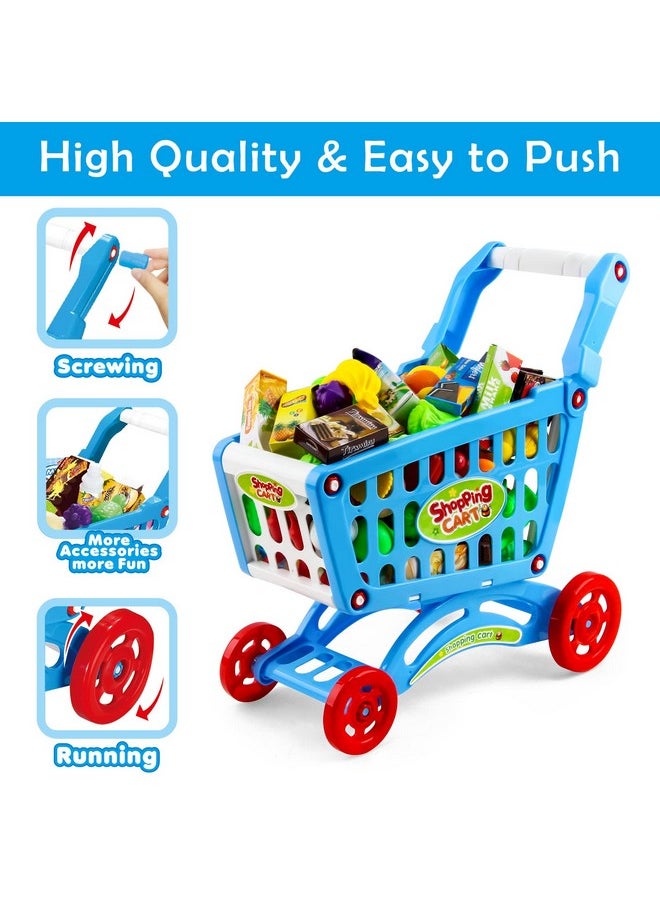 Kids Shopping Cart Trolley Play Set Includes Over 70 Grocery Food Fruit Vegetables Shop Accessories Play Food Role Play Educational Toy (Blue)