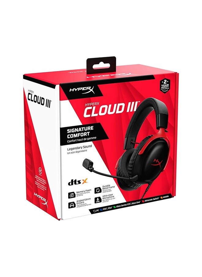 Cloud III Wired Gaming Headset, For PC / PS5 / PS4 / Xbox Series, Angled 53mm Drivers, Noise Cancelling, With LED Mic Mute Indicator, 10Hz-21kHz Frequency Response, Black/Red | 727A9AA