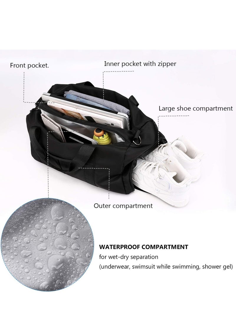 Gym Bag with Shoes Compartment, Sports Bag with Waterproof Pocket for Wet Towels, Travel Duffel Bag for Men and Women，Black