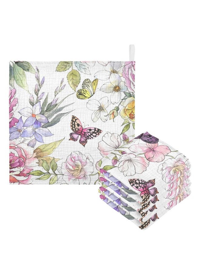Washcloths Set Bathroom Kitchen Wash Cloths Face Towels Wipes Pink Rose Flower Butterfly Green Leaves Decorative 12X12 Inch 5 Pack