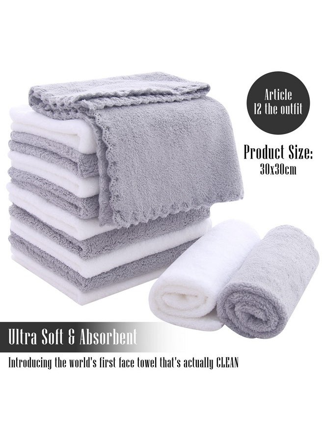 12 Pack Premium Washcloths Set - Quick Drying- Soft Microfiber Coral Velvet Highly Absorbent Wash Clothes - Multipurpose Use As Bath, Spa, Facial, Fingertip Towel (Grey And White)