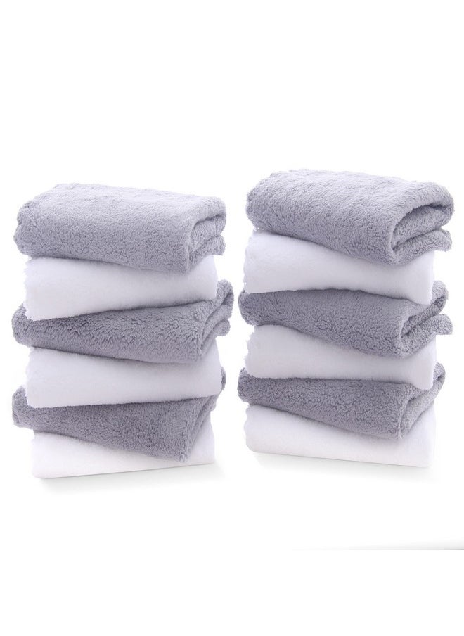 12 Pack Premium Washcloths Set - Quick Drying- Soft Microfiber Coral Velvet Highly Absorbent Wash Clothes - Multipurpose Use As Bath, Spa, Facial, Fingertip Towel (Grey And White)