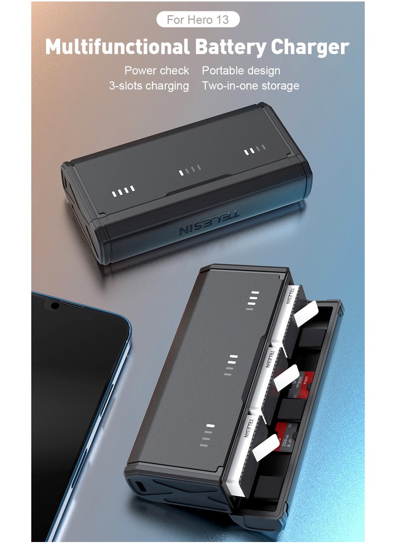 Pocket Charging Case for GoPro Hero13, 3-in-1 Portable Charger with Flat 2.5cm Design, Holds 3 Batteries & 2 SD Cards, Dual Charging & Storage, Durable Flame-Resistant ABS Material