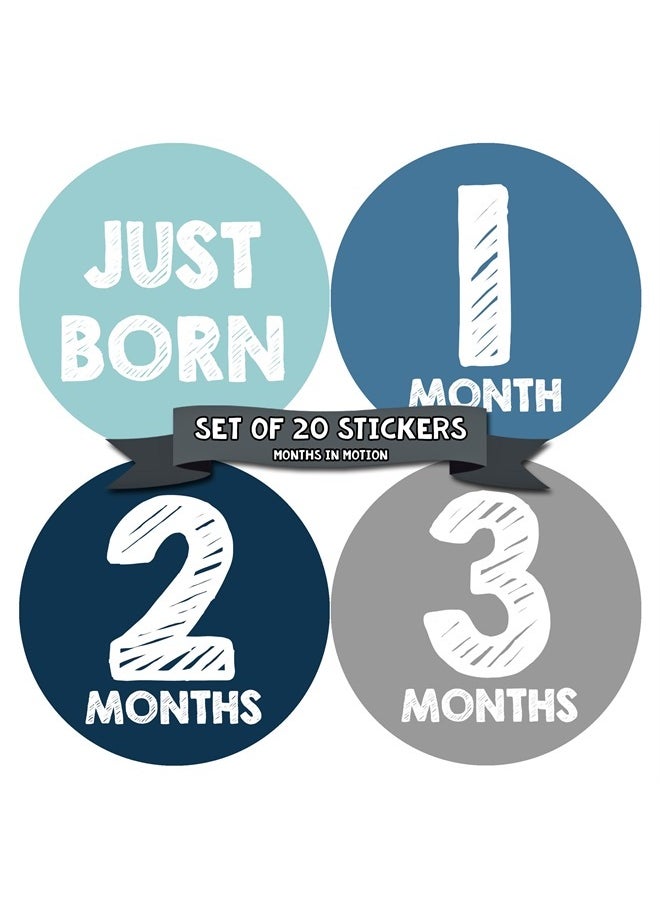 Months in Motion Baby Monthly Stickers - Baby Milestone Stickers - Newborn Boy Stickers - Month Stickers for Baby Boy - Baby Boy Stickers - Newborn Monthly Milestone Stickers - Set of 20