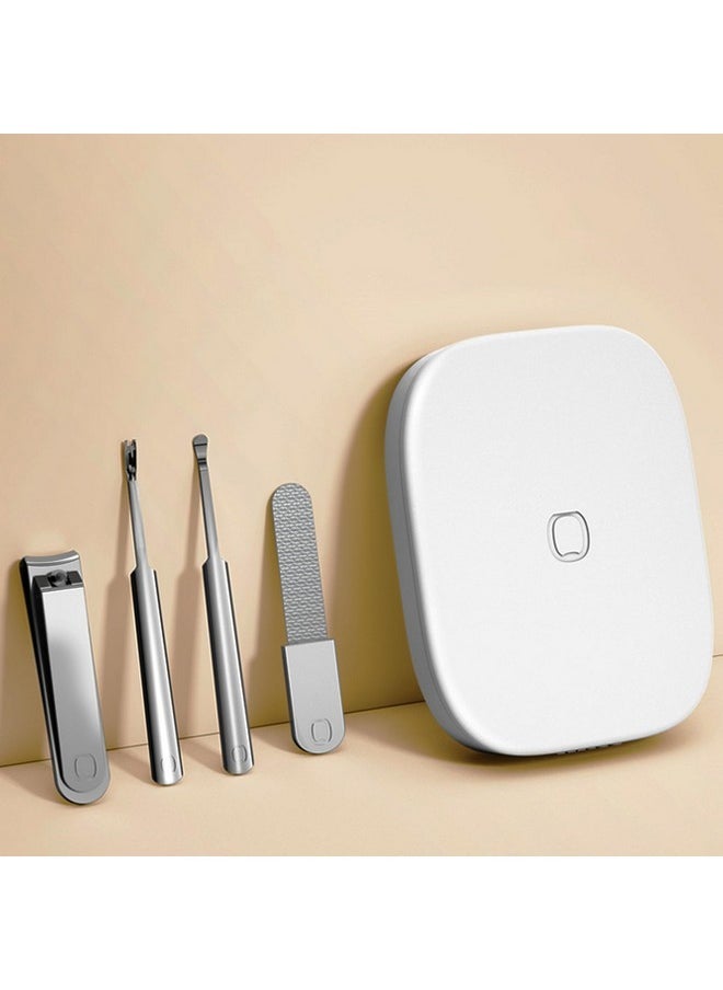 4-In-1 Nail Care Set With Storage Case - Stainless Steel Nail Clippers, Cuticle Fork, Ear Pick, And Nail File - Travel Nail Cutter Kit For Men And Women - White