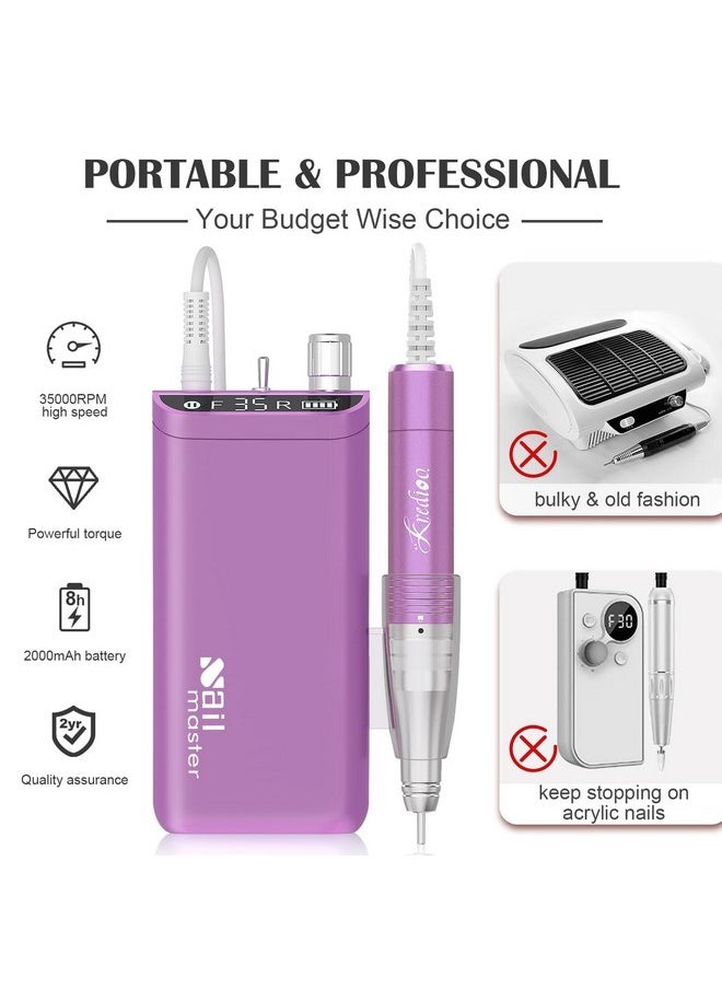 Nail Drill, Nail Drills For Professional Acrylic Nails 35000Rpm Rechargeable Portable Electric File Drill Machine With 10 Bits Set Quickly Remove Gel Polish Salon Quality Manicure-Purple