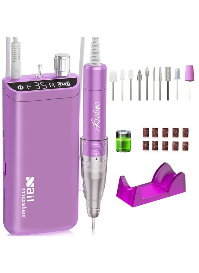 Nail Drill, Nail Drills For Professional Acrylic Nails 35000Rpm Rechargeable Portable Electric File Drill Machine With 10 Bits Set Quickly Remove Gel Polish Salon Quality Manicure-Purple