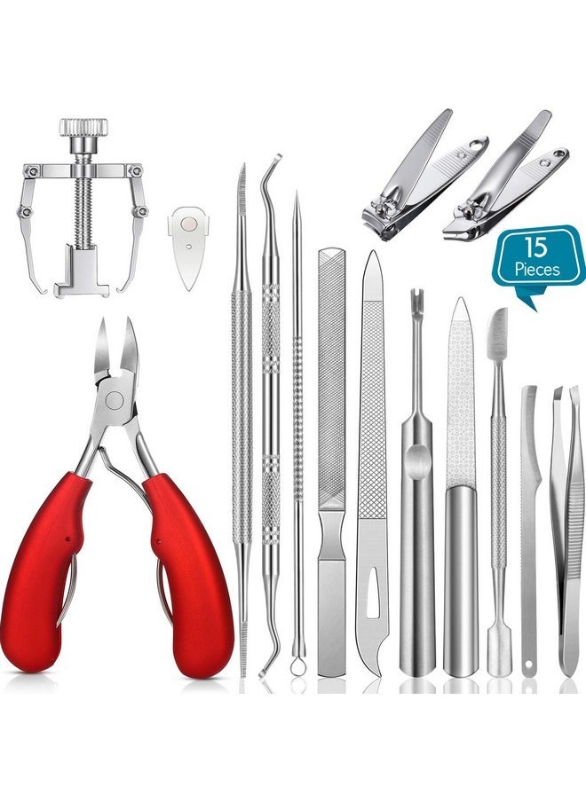 15 Pieces Ingrown Toenail Tools Stainless Steel Foot Nail Tools, Toenail File And Lifter, Nail Clipper, Cuticle Cutters, Cuticle Pusher And Manicure Pedicure Tools For Ingrown And Thick Nail (Red)