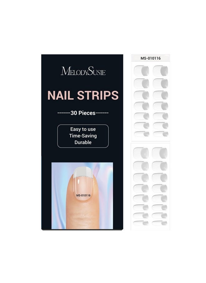 30Pcs Semi Cured Gel Nail Strips (White French)- Works With Nail Lamp, Salon-Quality, Long Lasting, Easy To Apply & Remove - Includes 2 Prep Pads, Nail File & Wooden Stick