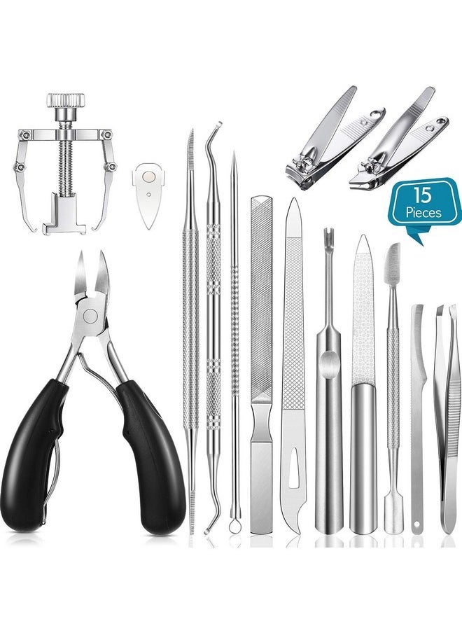 15 Pieces Ingrown Toenail Tools Stainless Steel Foot Nail Tools, Toenail File And Lifter, Nail Clipper, Cuticle Cutters, Cuticle Pusher And Manicure Pedicure Tools For Ingrown And Thick Nail (Black)