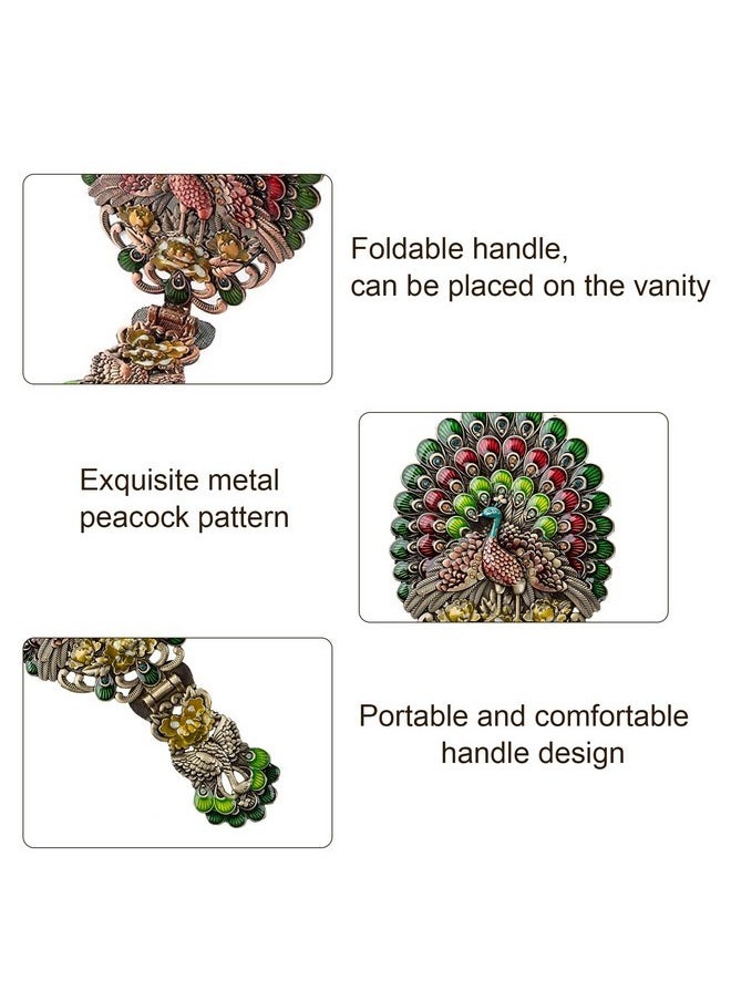 Vintage Hand Mirror, Vanity Makeup Mirror, Travel Foldable Peacock Antique Handheld Mirror, Portable Adjustable Embossed Handle Mirror, Decorative Oval Metal Beauty Cosmetic Mirror, Bronze-1