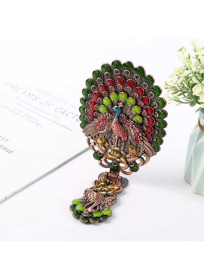 Vintage Hand Mirror, Vanity Makeup Mirror, Travel Foldable Peacock Antique Handheld Mirror, Portable Adjustable Embossed Handle Mirror, Decorative Oval Metal Beauty Cosmetic Mirror, Bronze-1