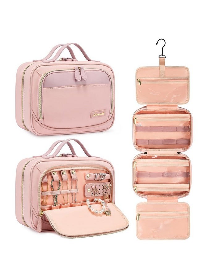 Travel Toiletry Bag For Women With Jewelry Makeup Brush Organizer,Hanging Travel Toiletry Bag With Makeup Cosmetic Bag Organizer, Carry-On Travel Accessories Essentials,Pink