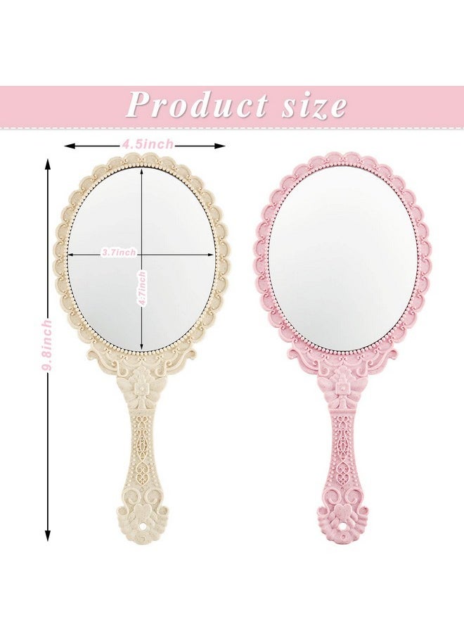 2 Pieces Vintage Handheld Mirror Portable Embossed Flower Mirror Hand Held Decorative Mirrors Compact Mirror With Handle For Face Makeup Travel Personal Cosmetic Salon Mirror (Pink, Cream)