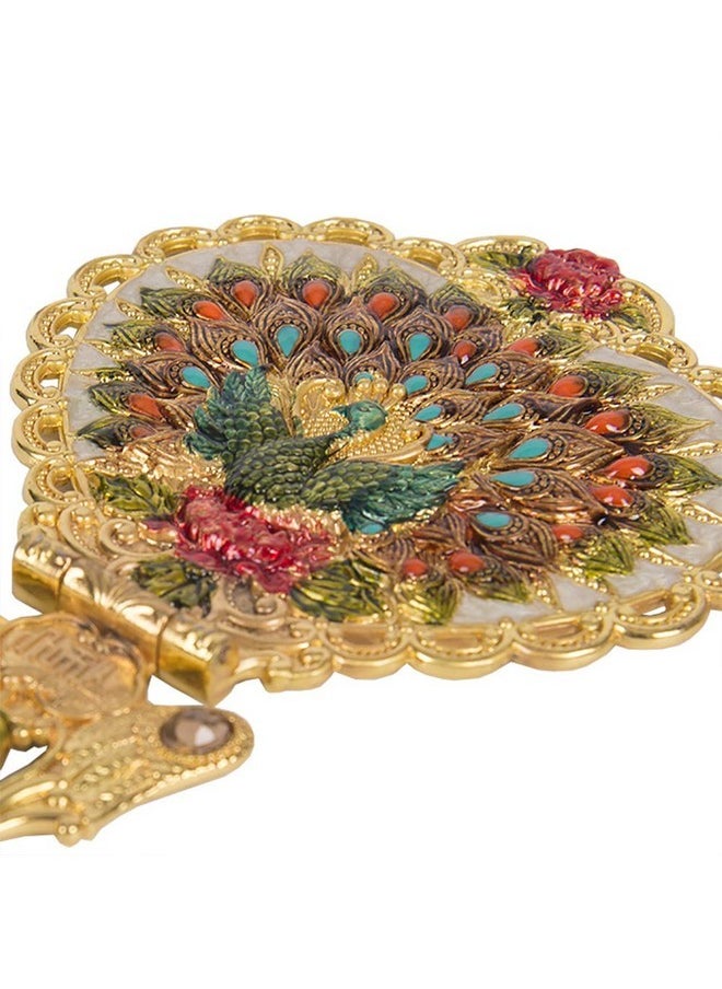 Antique Mirror Comb Set Vintage Metal Embossed Rose Handheld Mirror Peacock Heart-Shaped Makeup Mirror Decorative Tabletop Stand Cosmetic Mirror Travel Folding Handle Mirror Gold
