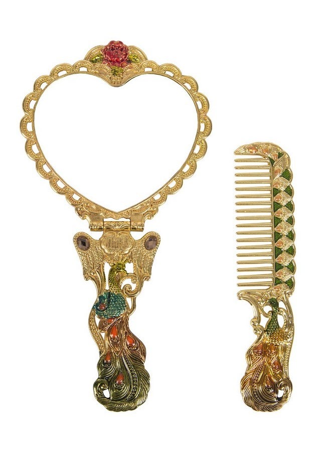 Antique Mirror Comb Set Vintage Metal Embossed Rose Handheld Mirror Peacock Heart-Shaped Makeup Mirror Decorative Tabletop Stand Cosmetic Mirror Travel Folding Handle Mirror Gold