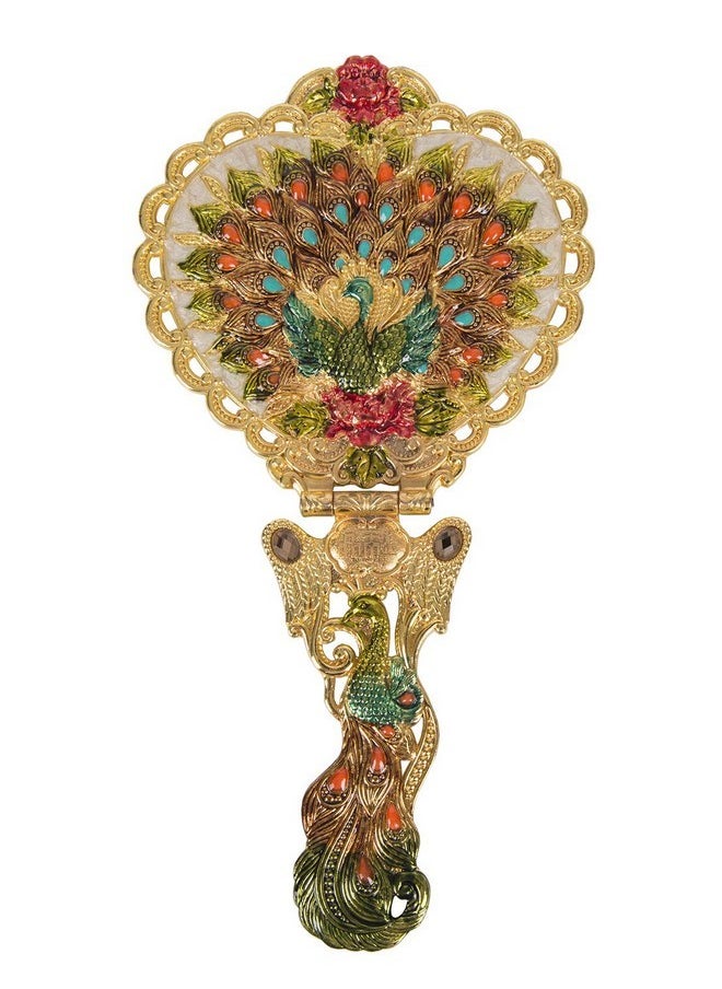 Antique Mirror Comb Set Vintage Metal Embossed Rose Handheld Mirror Peacock Heart-Shaped Makeup Mirror Decorative Tabletop Stand Cosmetic Mirror Travel Folding Handle Mirror Gold