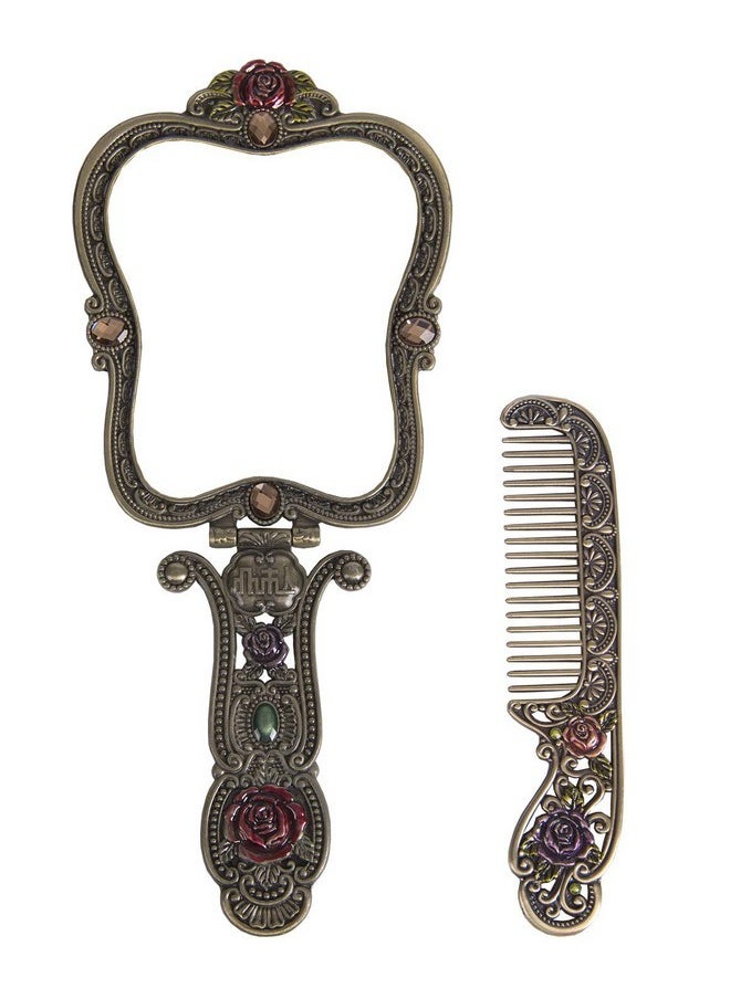 Antique Mirror Comb Set Vintage Metal Handheld Makeup Mirror With A Comb Russian Style Embossed Rose Hand Mirror Travel Portable Foldable Mirror Decorative Tabletop Stand Mirror Bronze