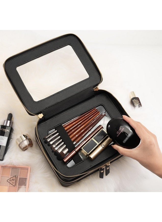 Clear Makeup Bags, Double Layer Cosmetic Bags With A Separate Brush Compartment, Travel Toiletry Bag Train Case For Women, Travel Accessories Organizer For Purse(2 Layers Large, Black)